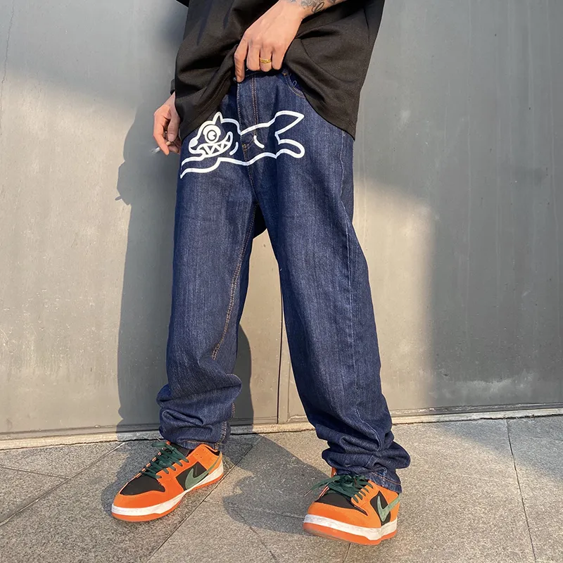 Flying Dog Print Straight Loose Jeans Mens High Street Oversize Casual Denim Trousers Harajuku Washed Hip Hop Jean Pants