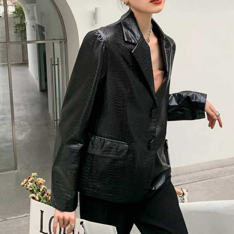 Aelegantmis coreano casual allentato giacca di pelle sintetica donna primavera alta qualità PU giacca cappotto femminile chic retro sottile nero 210607
