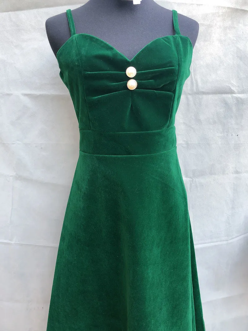 Robe de créateur de mode printemps été femmes robe velours vert foncé A-ligne Spaghetti sangle col en V robes mi-longues Vestidos za 210421