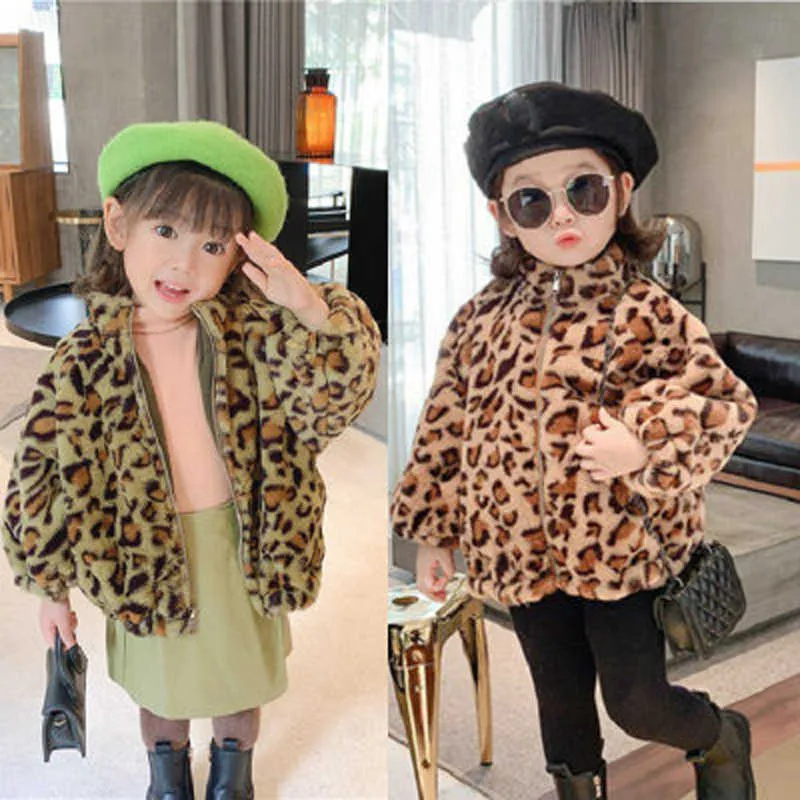 Девушки пальто леопардовый печать ягненка шерсть плюс бархатная толстая куртка верхняя одежда зимний теплый кардиган детская одежда для мальчиков 210625
