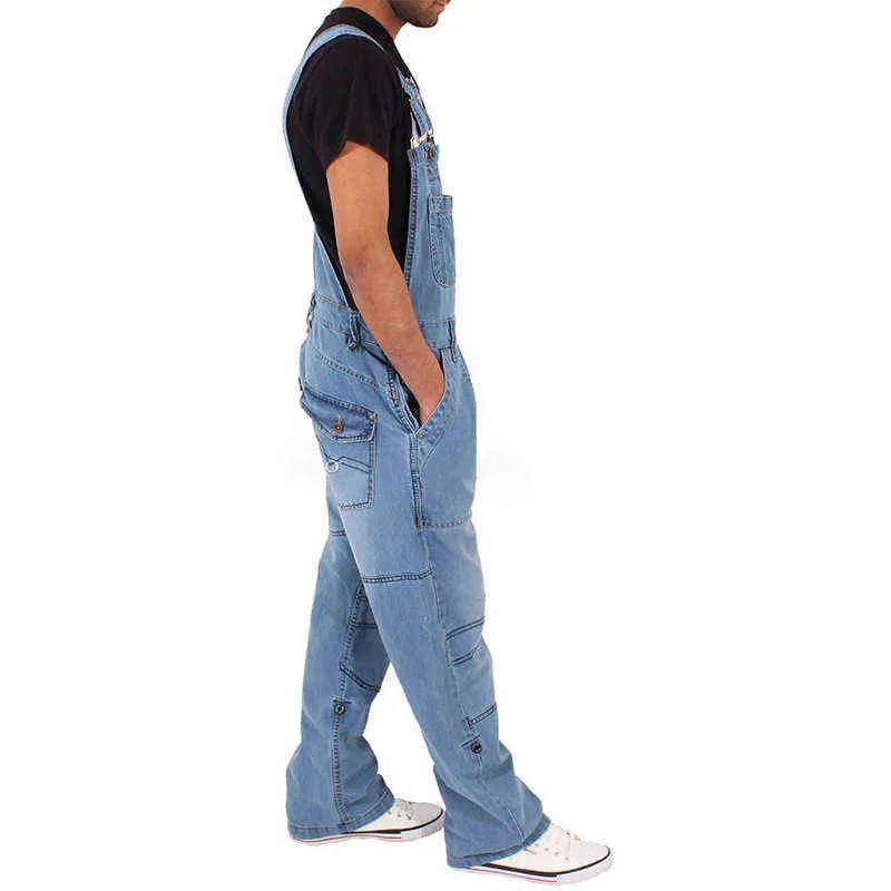 Stile Uomo Jeans larghi Pantaloni con bretelle Moda Multi-tasche Pantaloni larghi in denim Tuta Salopette con bretelle S-5XL 220115