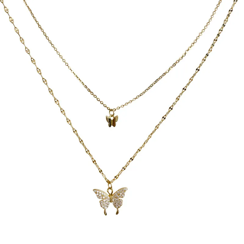 Collier papillon brillant en argent Sterling 925 pour femmes, délicat, Double couche, chaîne de clavicule, bijoux S-N173