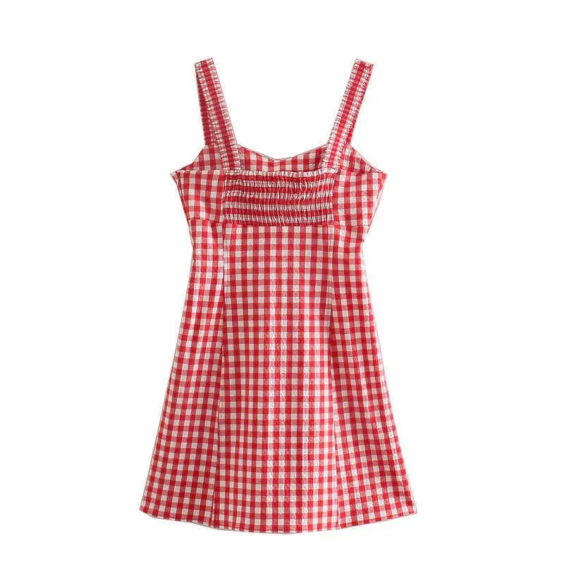 ZA 격자 무늬 여름 레드 스트랩 드레스 여성 민소매 smocked gingham sundress 세련된 사이드 지퍼 여자 섹시 백리스 미니 드레스 210602