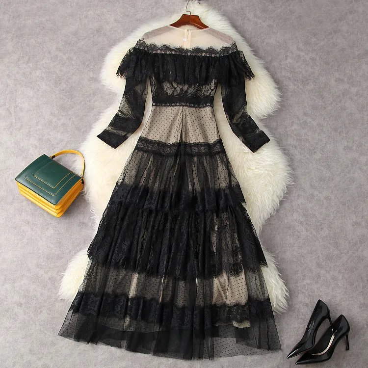 2021 Summer Long Sleeve Round Neck Black Contrast Color Lace Tulle Panelled Ruffle Detail Mid-Calf Dress Elegant Casual Dresses 21W271756T12291