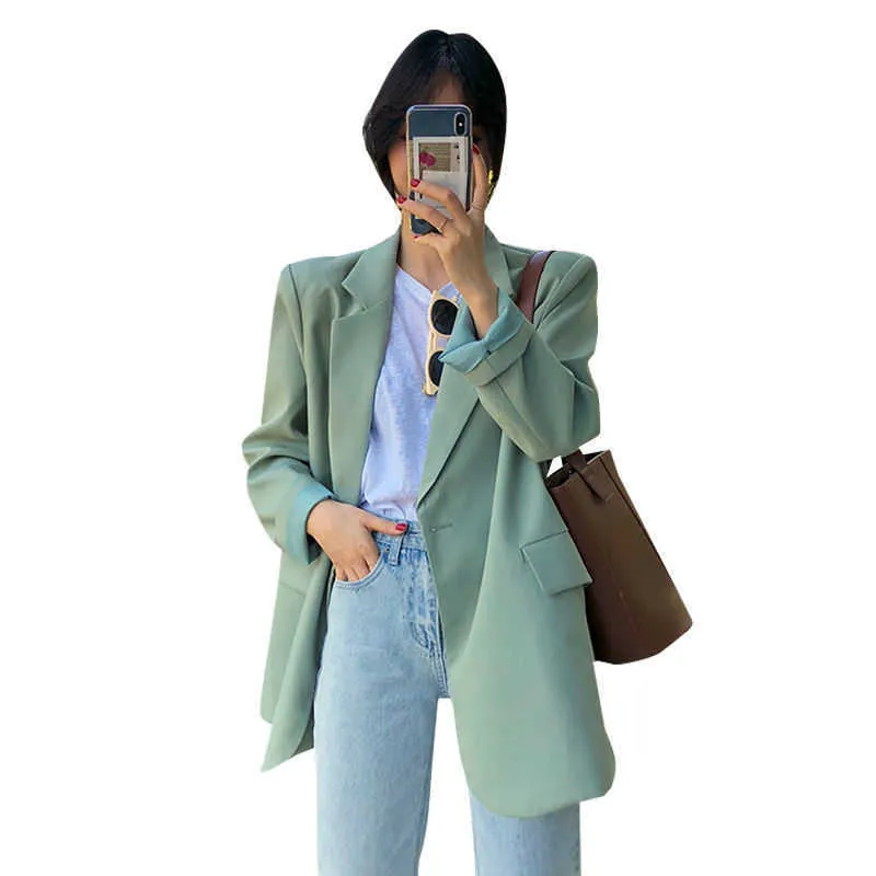 Blazer Kobiety Luźne Temperament One-Button Jacket Spring and Autumn Korean Ins Wild Casual Vintage Długi Rękaw 211006