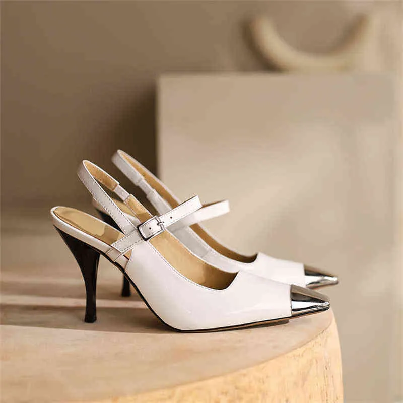 Women's Leather Buckle High Heels Square Pointed Thin Beige Spring 2 9