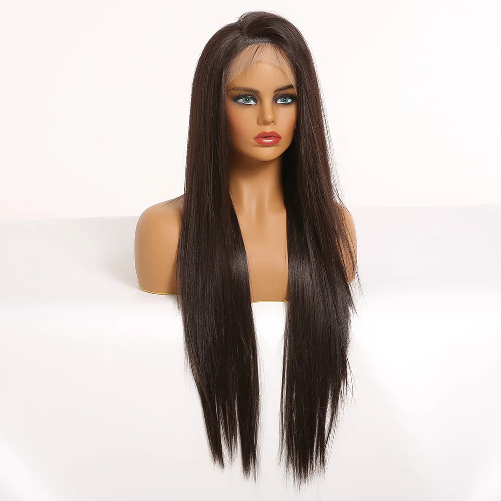 Lång rak mörkbrun 13*4 spets fram peruker för kvinnor naturligt hår spets frontala peruk värmebeständig siden mjuk hårfaktor direkt