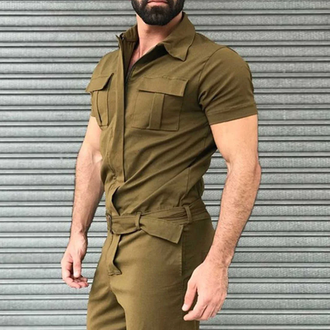 New Cotton Blends Jumpsuit Mens Overalls Casual Notched Short Sleeve Rompers Solid Color Overall Zipper Romper Pocket Trousers X0621