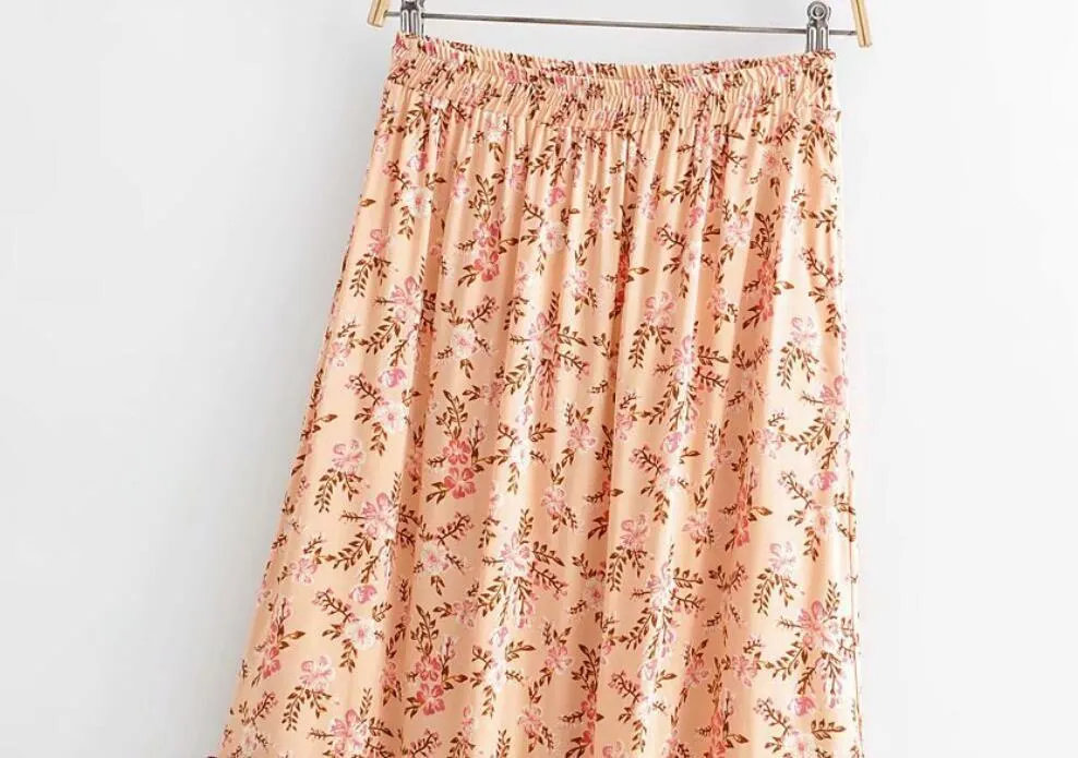 Primavera Bohemian costurando orelhas de madeira babados saia mulheres vintage cintura elástica maxi long swing saias laranja rosa cor femme 210429