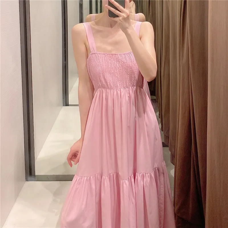 Casual Pink Elastic Bust Dress Sleeveless Holiday style high waist women's Fashion Mid-length summer dresses 210430