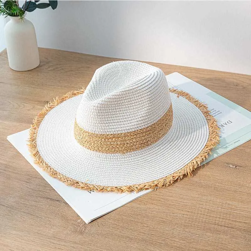 Retro Color Matching Fringed Ladies Straw Hat Fashion Wide Flat Brim Jazz Top Beach Sun For Summer UV UPF50+ 210531