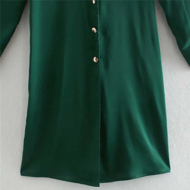 Za Camicetta lunga a tunica in raso Donna Manica lunga Colletto con risvolto Camicia verde vintage Bottone frontale chic femminile Taglie forti Top allentato 210602