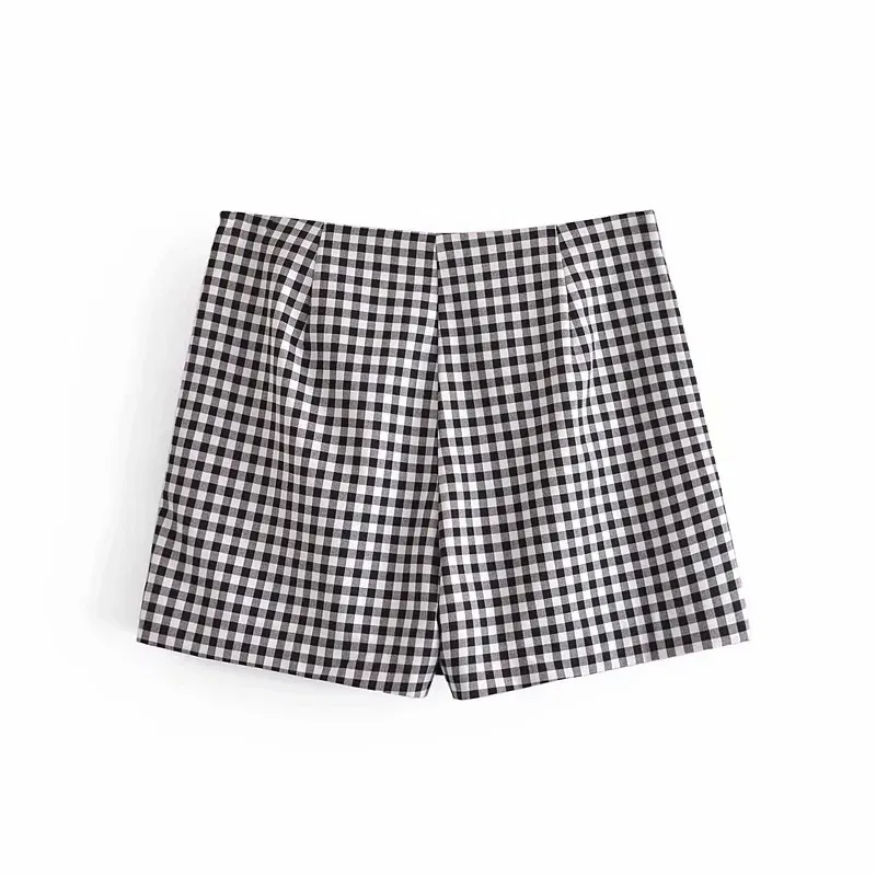 Damska skort czarna biała szkocka krata wysoka talii krótka spódnica kobieta moda gingham front węzeł dorywczo lato spodenki 210519