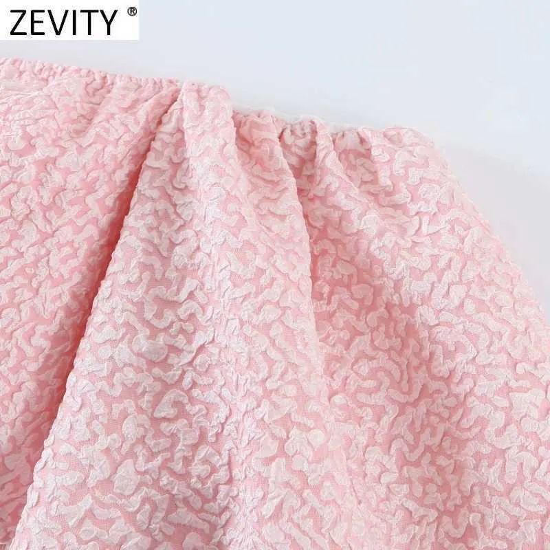 Zevity Frauen Sexy Off Schulter Rosa Jacquard Rosa Kittel Bluse Weibliche Laterne Hülse Kurze Hemd Chic Blusas Tops LS7674 210603