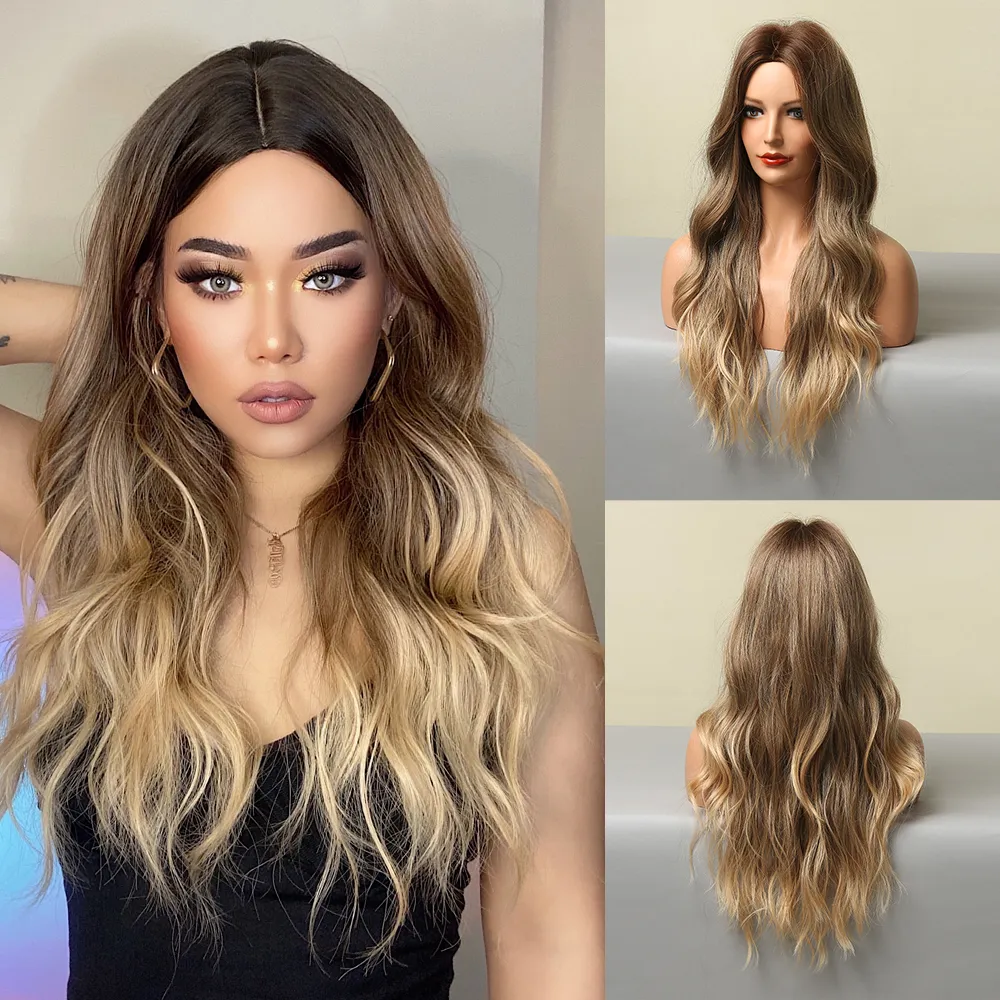 Long Synthetic Wigs Brown Blonde Ombre Wigs for Women Natural Hair Cosplay Wig Heat Resistant Wavy Hairfactory direct