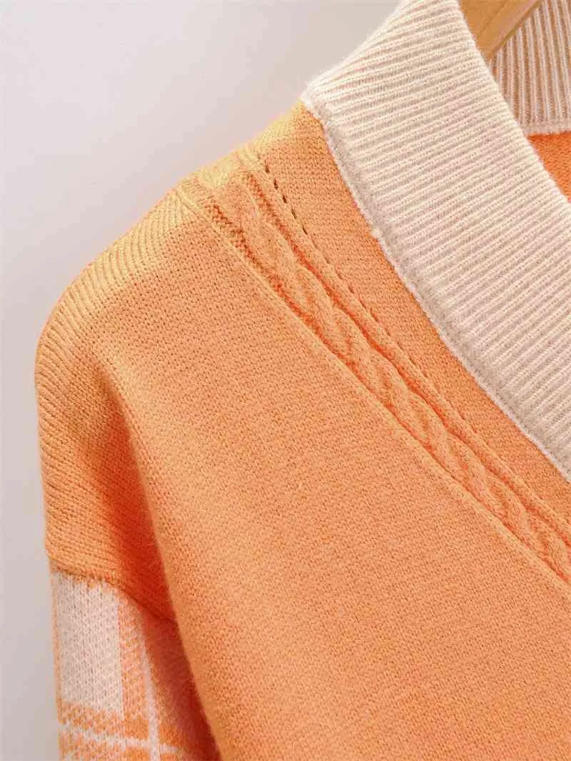 H.Sa 가을 겨울 여성 패션 카디건 레트로 빈티지 캐주얼 오렌지 패치 워크 니트웨어 플로랄 스웨터 재킷 210417