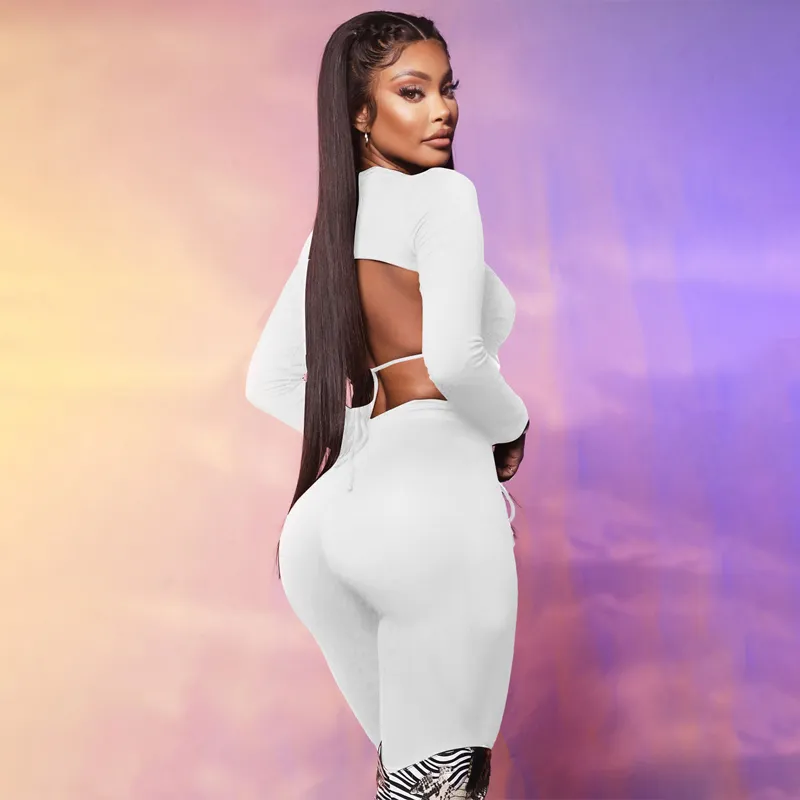 Women Two Piece Set Basic Long Sleeve Corset Top Pure Sexy Club Backless Crop + High Waist Stretch Pants Women's Outfits 210517