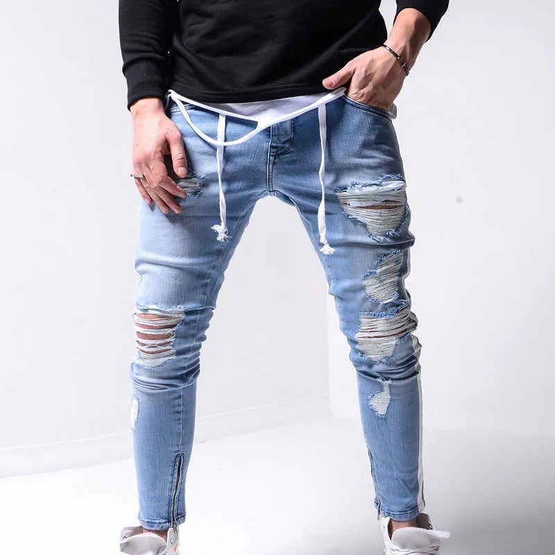 Men Skinny Ripped Jeans Hip Hop Spring Autumn Striped Streetwear Casual Pencil Pants Denim Clothes Male vaqueros hombre X0621