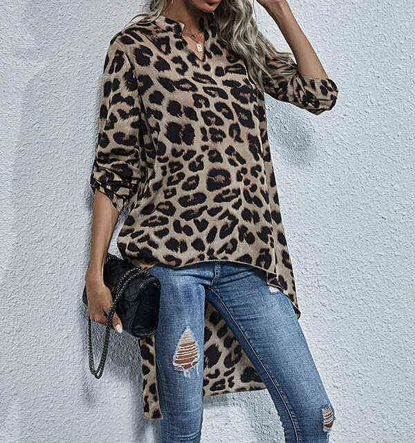 Mulheres Leopardo Irregular Blusa Curto Frente Longo Voltar V-pescoço de Manga Longa Tops Moda Novas Senhoras Solto Camisas Autumn Spring H1230