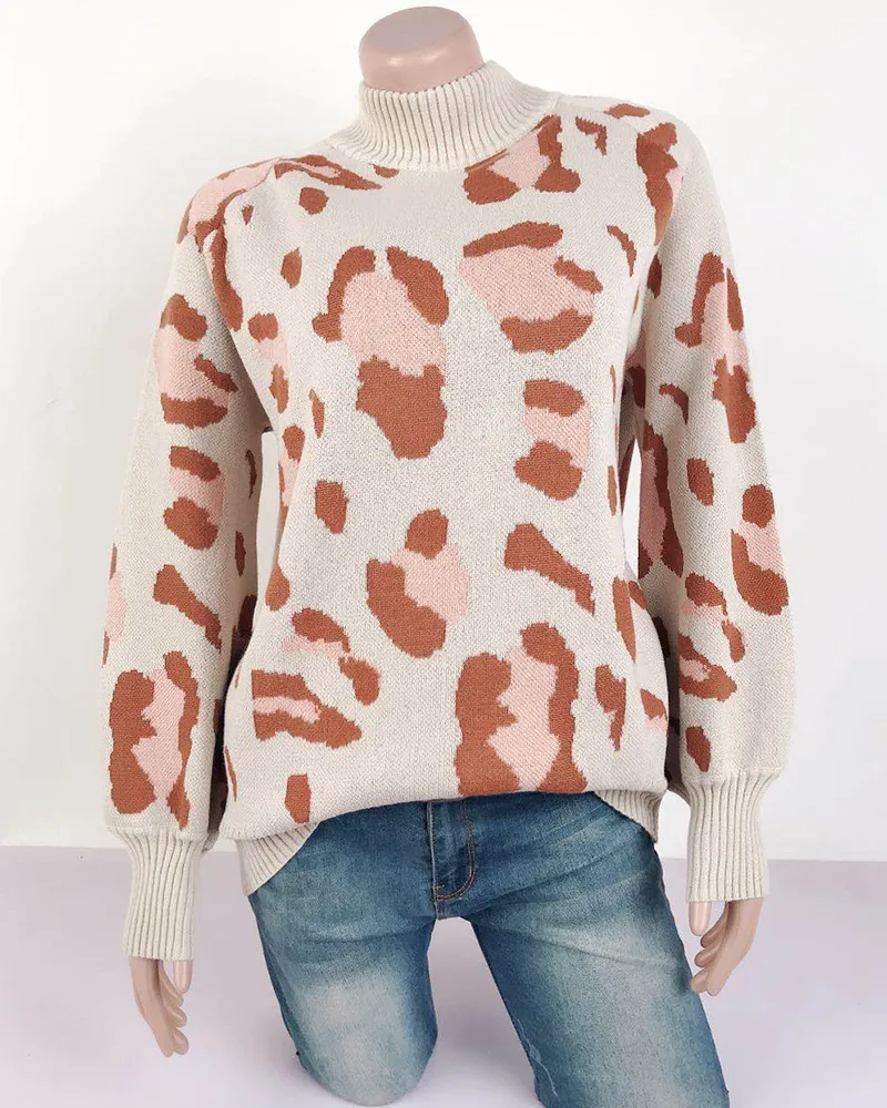 pullover lavorati a maglia con stampa leopardata vintage donna autunno inverno manica lunga maglione casual oversize allentato 210427