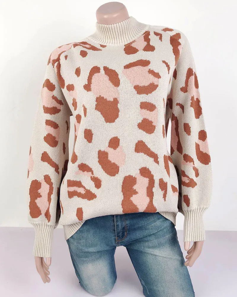 Pulls tricotés à imprimé léopard vintage femme automne hiver à manches longues surdimensionné décontracté pull lâche pull 210427