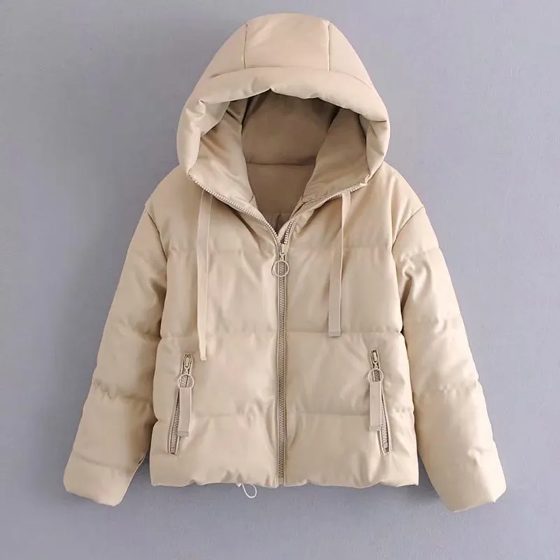 Winter Frauen Faux Leder Gepolsterte Mantel Dicke Warme PU Zipper Mit Kapuze Jacke Lose Übergroßen Windschutz Outwear 210430