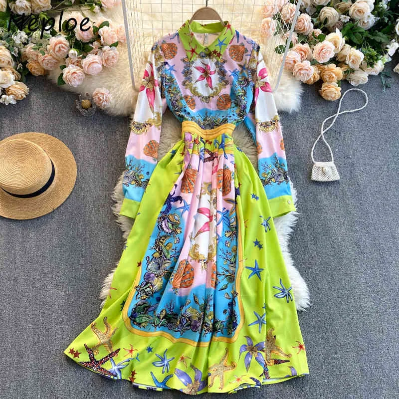 Neploe Vintage Print Bohemian Urlaub Kleid Frauen Hohe Taille Hüfte A-linie Vestidos Drehen Unten Kragen Langarm A-linie schlanke Robe 210423