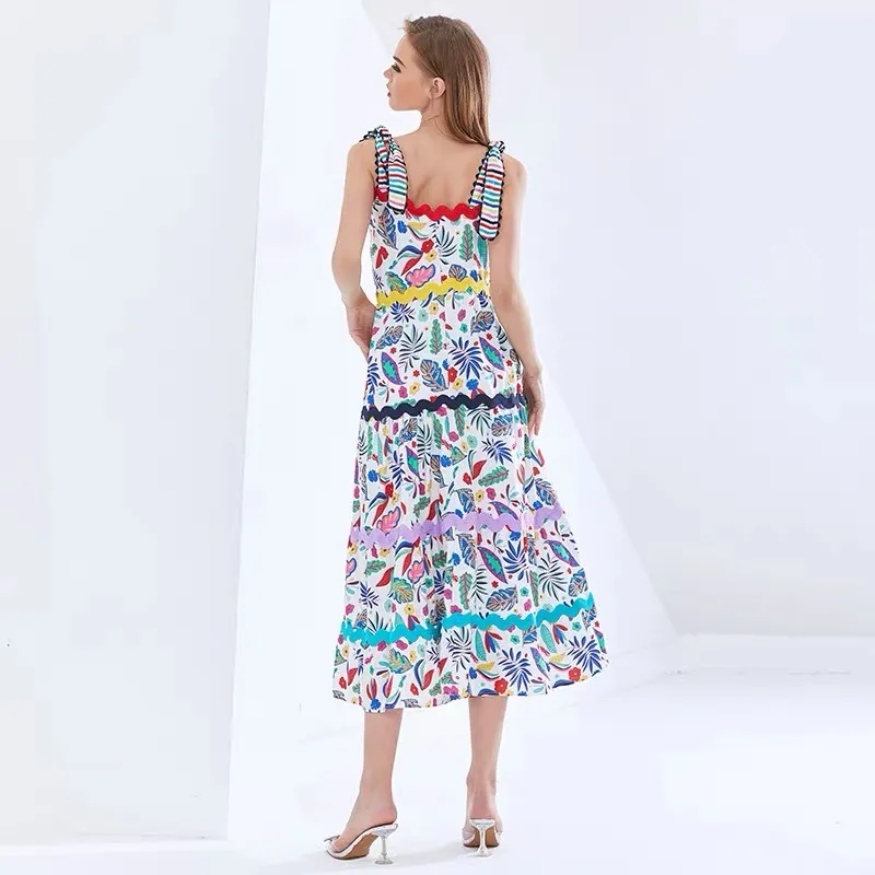 Designer de mode Summer Maxi Dress Femmes Spaghetti Strap Bretelles Imprimé Floral Robes De Vacances Vestidos Sexy Casual 210421