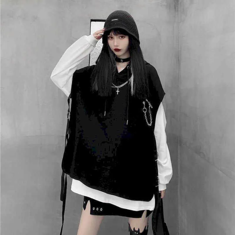 Hoodies Kvinnors Ärmlös Hooded Jacka Höst Koreansk version av Retro Personlighet Mörk Funktion Style Sweatshirt 210526