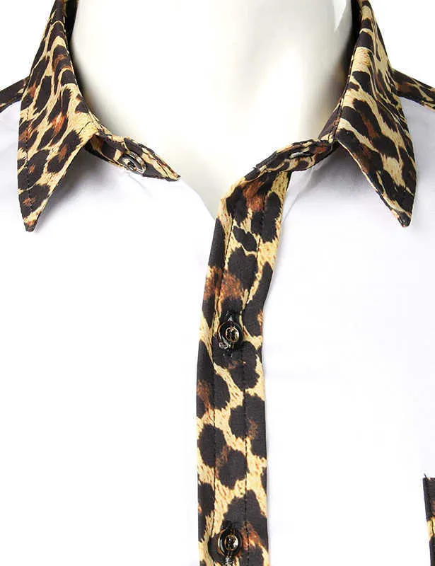 Chemise imprimée léopard pour hommes avec robe de poche à manches longues de la marque de mode S Camisas Hombre USA 210626