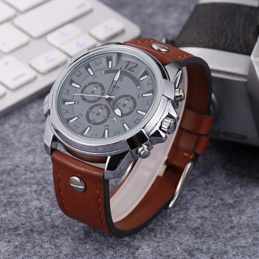 Marca assiste a homens Big Dial Style Leather Strap Quartz Wrist Watch DZ01237Q