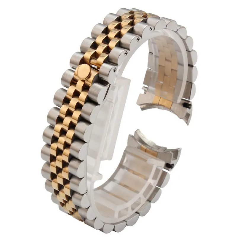 Horlogebanden 316L Zilver 2 Tone Gold Solid Curve End Jubilee Band Strap Armband Fit For204z