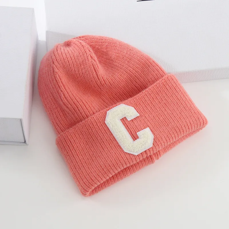 Wool Caps Female Autumn and Winter Warm Printed Letter Pullover Hat Learning Department Solid Color Knitted Hat