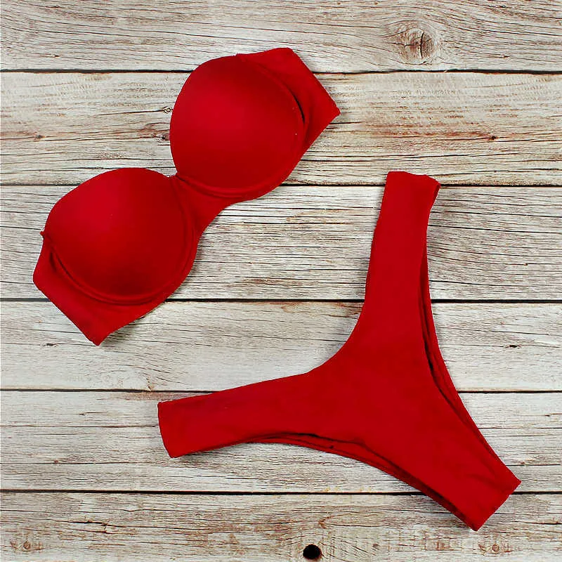 Bikini Fashion Push Up Set Swimsuit Women Bandage High Waist Leopard Solid Red Triangle Swimwear Two-Piece Suits 210621