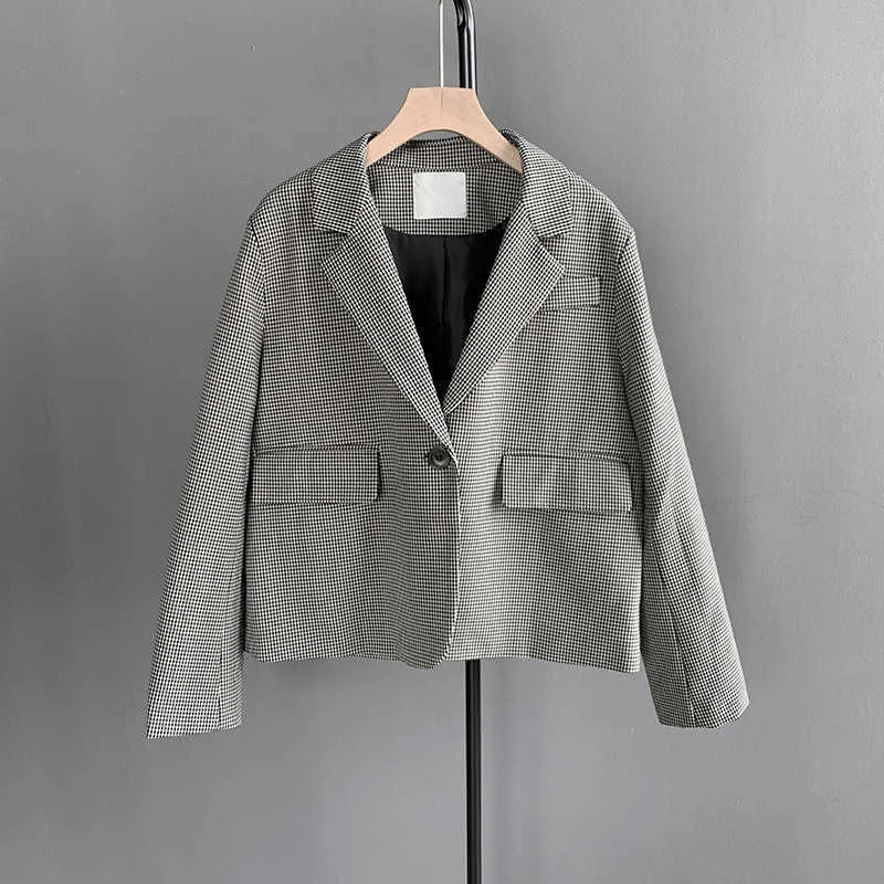 Dames Hoogwaardige losse jas check korte dames blazer retro elegante kantoor kleine pak stof 210527