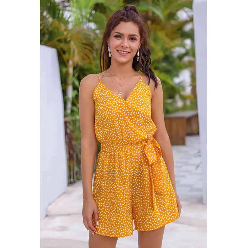 Foridol Strap Backless Polka Dot Red Rompers Playsuit Overalls for Women Casual Wide Leg Beach Summer Boho Yellow Romper 210415