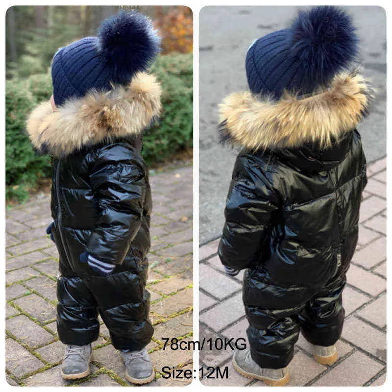 Winter Kids Jumpsuit Overalls for Boy Children Thick Ski Suit Girl Duck Down Jacket Toddler Baby Snowsuit Fur Coat 0-3Years 211027