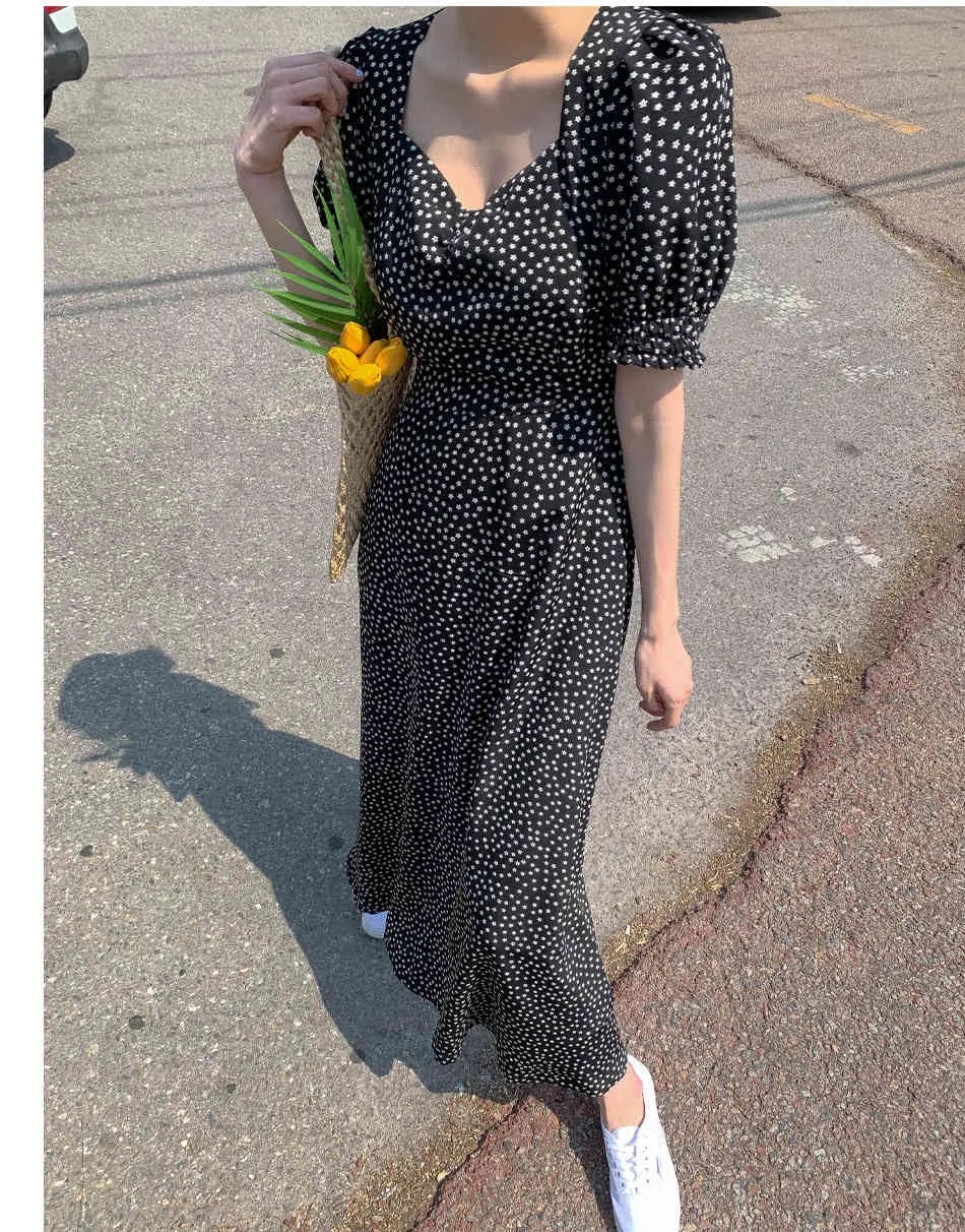 S-XL Summer Girls Party Szyfonowa Kobieta Vintage Dress Black Dot Krótki Rękaw Kobiety Suknie Wieczór Maxi Long Robe Vestido 210417