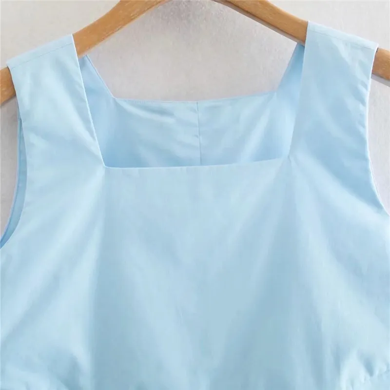 Blue Poplin Crop Top Women Summer Fashion Square Collar Wide Straps Sleeveless Blouse Female Chic Ruffle 210519