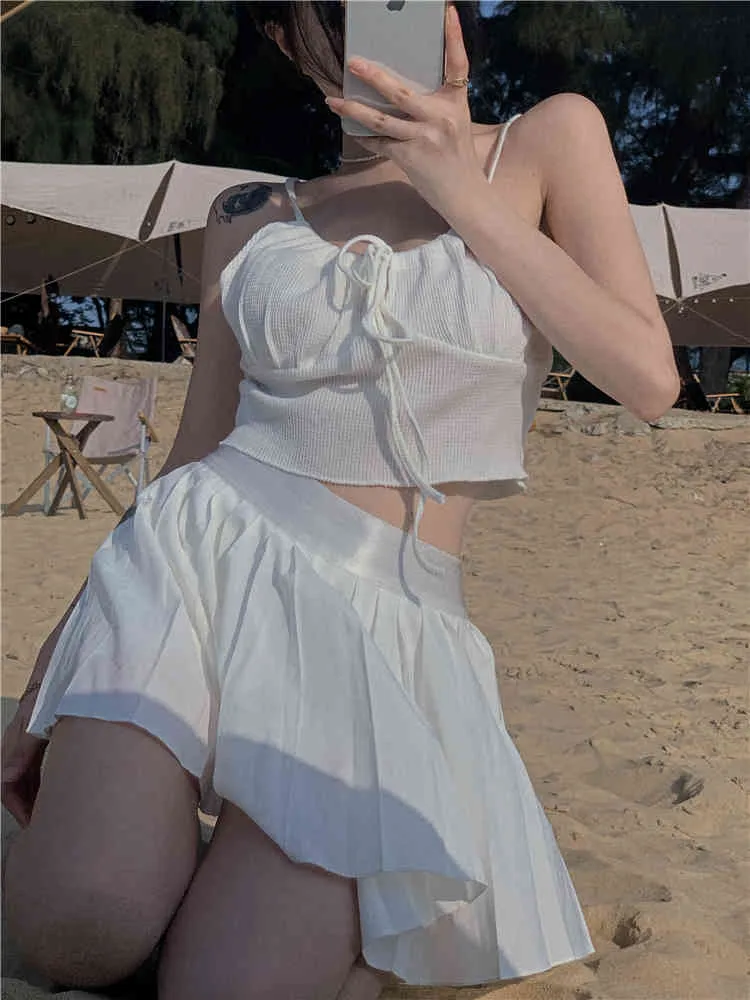 Koreaanse stijl camisole vrouwen sexy tank top vrouwelijke zomer mouwloze crème witte crop tops Womens R99563 210423