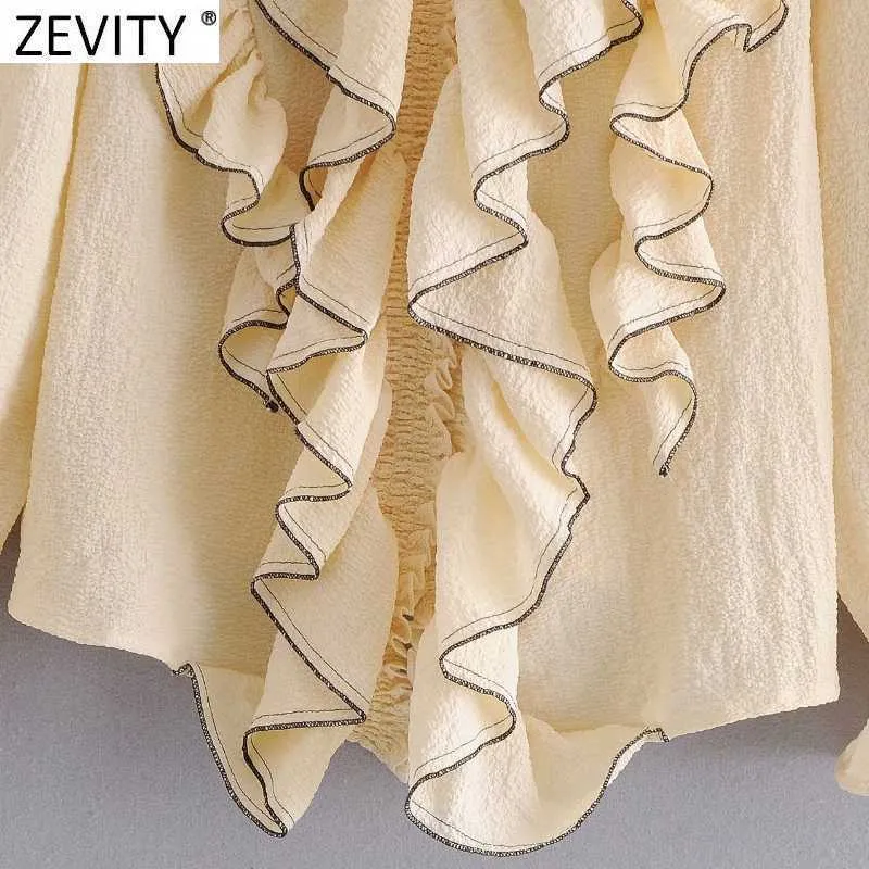 Zevity Femmes High Street Élastique Agaric Dentelle Col V Pli En Cascade Chemise À Volants Femme Blouse Roupas Chic Chemise Tops LS9105 210603