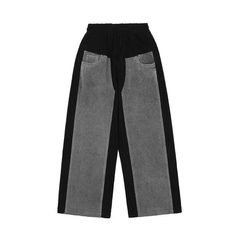 2021 pantalones vaqueros de pierna ancha de bloque de Color azul negro hombres mujeres ropa de calle urbana pantalón de pierna ancha Hip Hop Patchwork Flare Denim Pantalones C0607