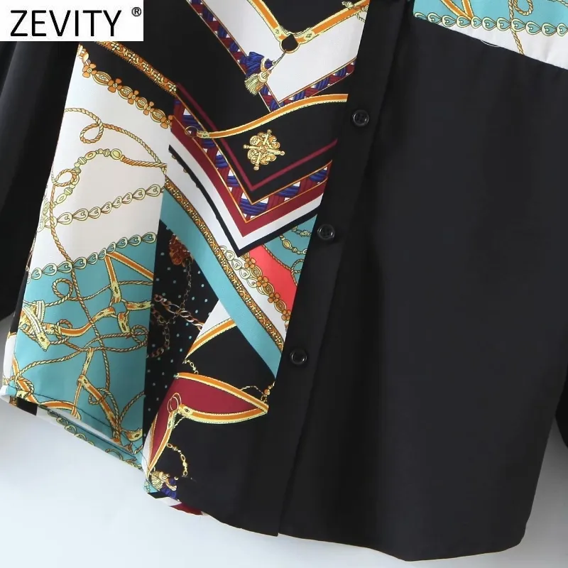 Camicetta grembiule nera patchwork stampa catena vintage donna Camicie kimono manica lunga donna Chic Blusas Top LS7672 210420