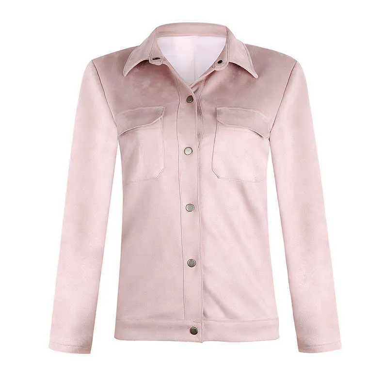 女性のファッションフェイクディアースキンルーズジャケット秋のカジュアルラペル長袖ポケットボタン女性のための基本的なショートジャケットコート210526