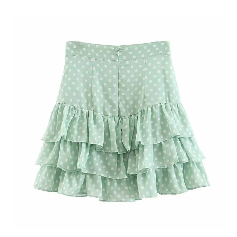 Kvinnor Polka Dot Print Mini Grön Skirt Söt Ruffles Back Zipper Fly Causal Kvinna En Linje Söt Kjolar Faldas Mujer 210430