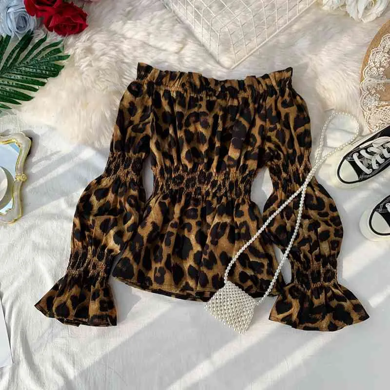 Ezgaga Sexy Leopard Bluse Frauen Mode Slash Hals Chiffon Von Schulter Lose Stretch Lantern Sleeve Damen Shirts Clubwear 210430