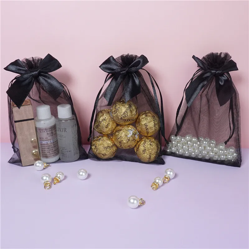 Sacs en Organza à cordon coulissant, sac d'emballage transparent de couleur noire avec nœud papillon, pochettes cadeaux, pochettes à bijoux, sacs à bonbons, package252H, 10 15cm