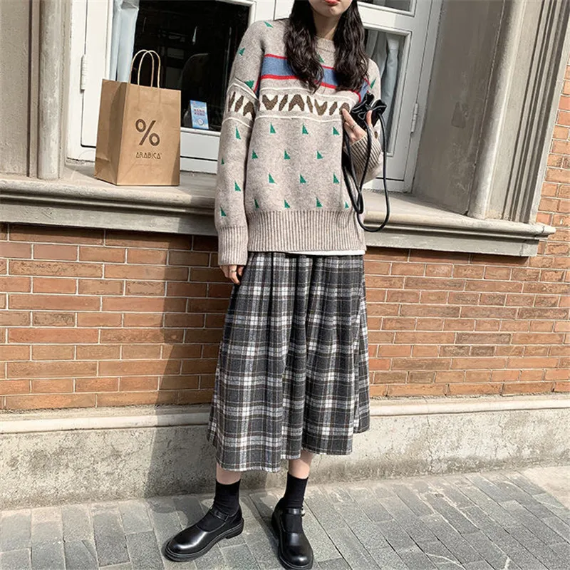 Harajuku Plus Size Vita alta Vintage Plaid Gonne a pieghe Autunno Inverno Lana Donna Gonna lunga Elegante Cute Kawaii Girls Saias 210421