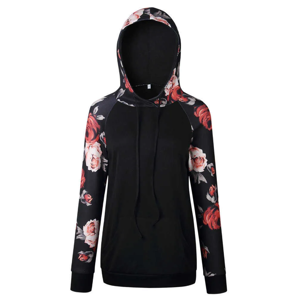 Neue Mode Frauen Print Sweatshirts Langarm Atmungsaktive Baumwolle Hoodies Licht Hoody Blume Plus Größe Casual Schwarz Kleidung Y0820