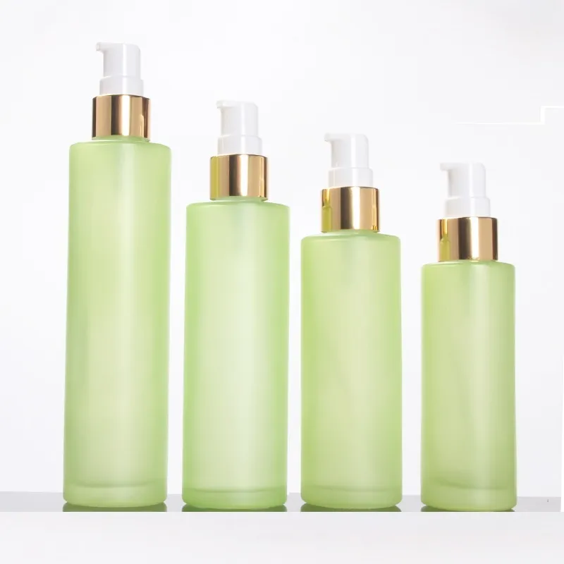 Grön frostat glasfyllningsbar flaska Spray Lotion Pump Perfume Kosmetiska Förpackningsflaskor 20ml 30ml 40ml 60ml 80ml 100ml 120ml